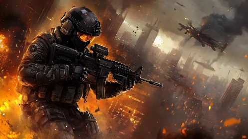 Armored infantry operator advances through burning futuristic cityscape