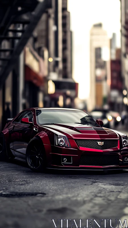 Red Cadillac sedan on urban street with blurred cityscape.