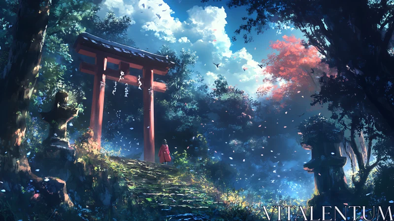 Sunlit torii gate crowns a mist-laden forest shrine path