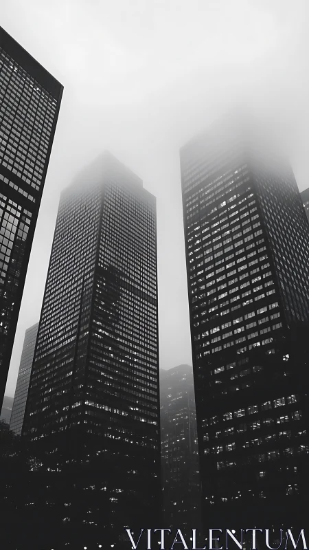 Fog partially obscures tall glass office skyscrapers