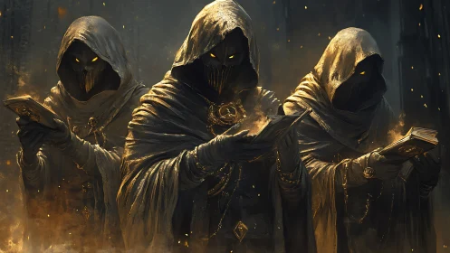 Hooded occult scribes read arcane tomes amid ember-lit gloom