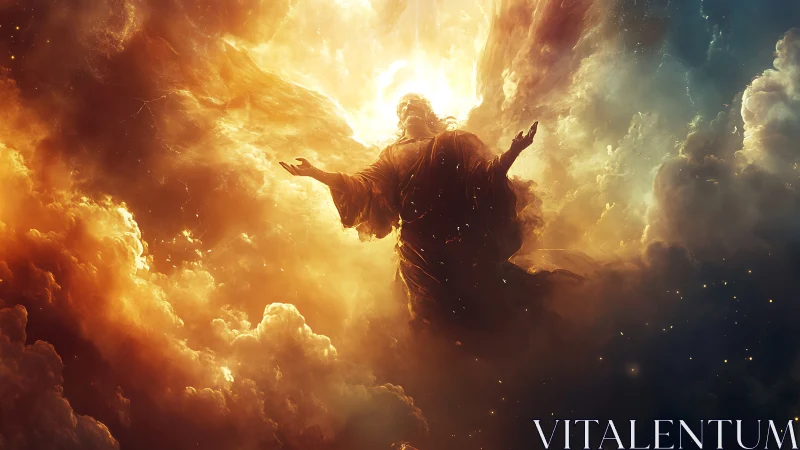 Digital painting of radiant celestial figure within storm clouds.