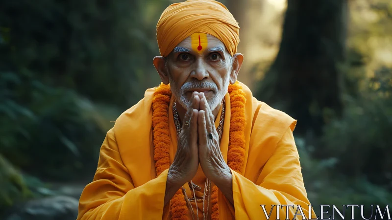 Elderly monk in saffron robes offers a serene forest blessing.