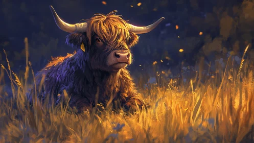 Highland cow resting in tall grass under warm light.