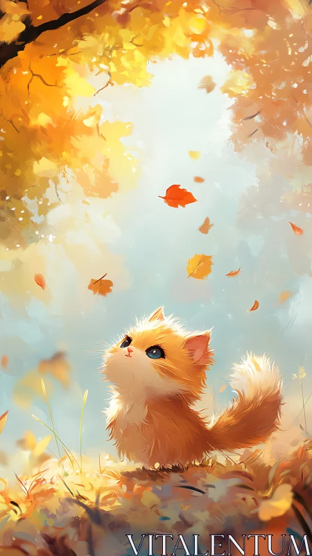 Orange kitten watches falling autumn leaves in soft light