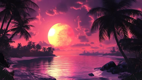 Vibrant tropical moonrise ignites a neon pink shoreline.