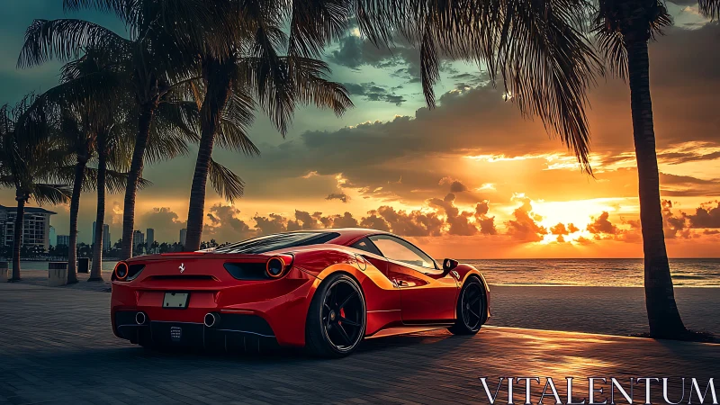 Red sports coupe parked by palm-lined urban shoreline.