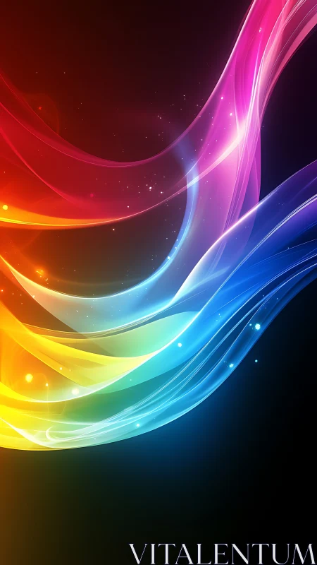 Chromatic light ribbons sweep across a deep black gradient