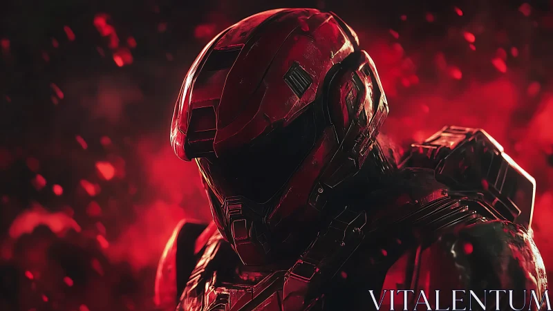 Crimson warborn trooper strides through ember-lit void.