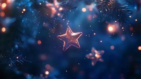Glowing star ornament shimmers softly in a dreamy winter night