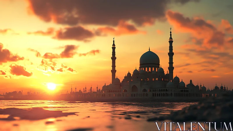 Sunset mosque silhouette over reflective coastal water.