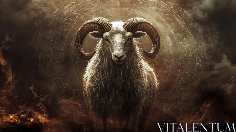 Ram stands centered before circular ornate background design