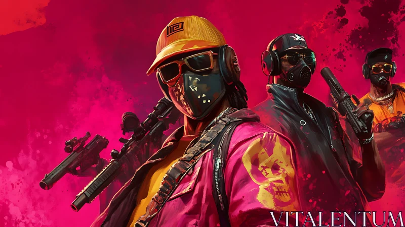 Neon mask squad stalking through electric magenta chaos.