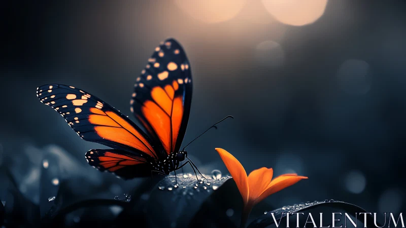 Orange butterfly on flower in dark, moody close-up scene.