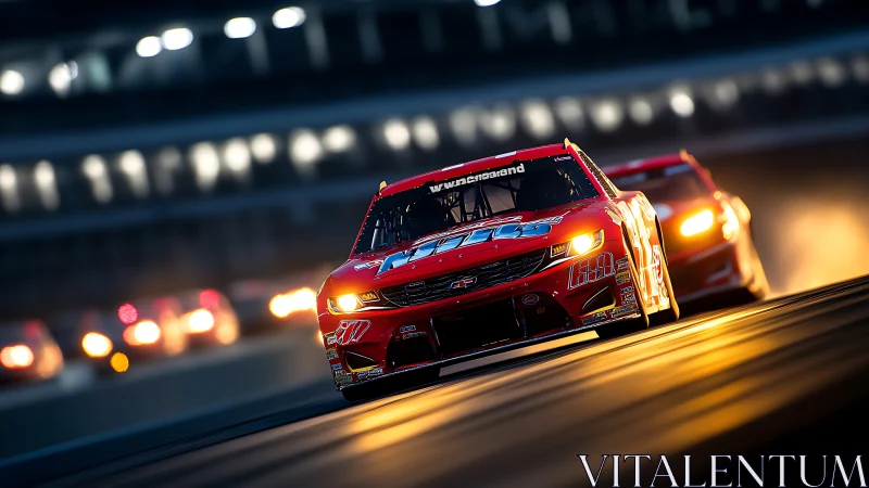Red stock car moves along illuminated track at night