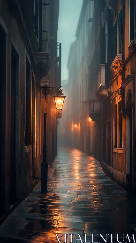 Narrow wet alley with street lamps in low evening fog.