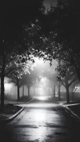 Tree lined street shows foggy night lighting and reflections.