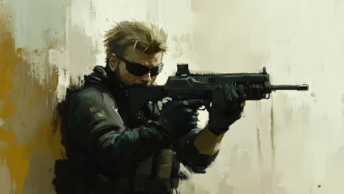 Tactical soldier aims rifle against muted urban wall