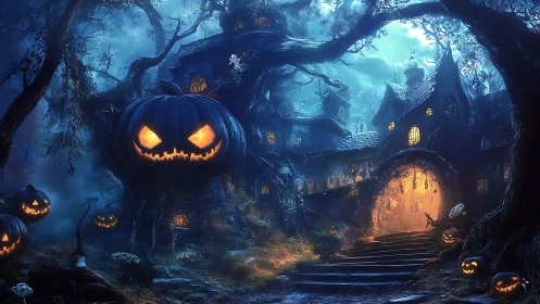 Haunted forest manor illuminated by spectral jack-o&rsquo;-lanterns at night