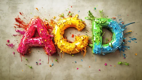 Bold 3D letters A C D in vivid splattered paint textures.