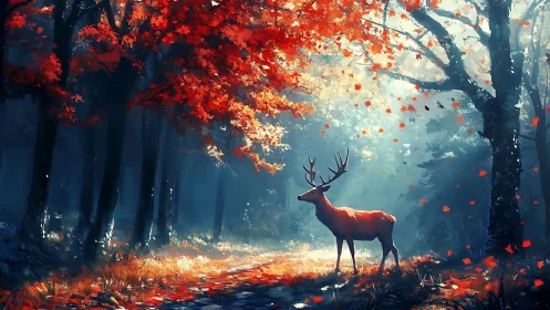 Backlit stag under saturated red canopy in misty forest clearing