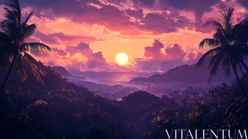 Lush twilight tropics cradle a neon-soaked ocean sunset.