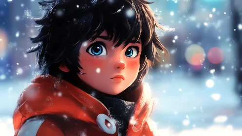 Young child in red coat standing in gentle winter snowfall.
