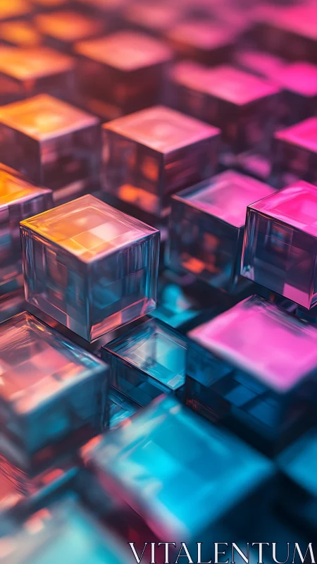 Glassy neon cubes quietly stack a shifting digital skyline