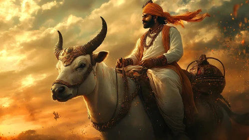 Regal rider on decorated white bull at dramatic sunset.