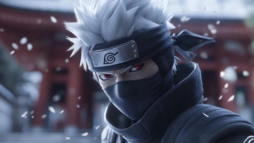 Masked silver-haired anime ninja with red eyes outdoors.