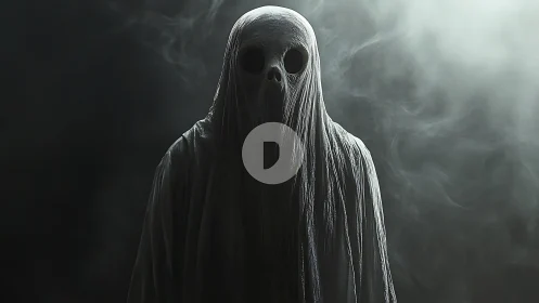 Shrouded specter emerging from smoke in moody chiaroscuro.