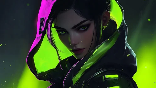 Neon-hooded cyber assassin in toxic green glow portrait.