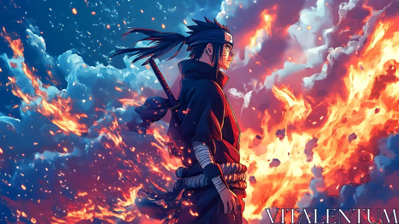 Anime swordsman amid contrasting fire and blue clouds scene.