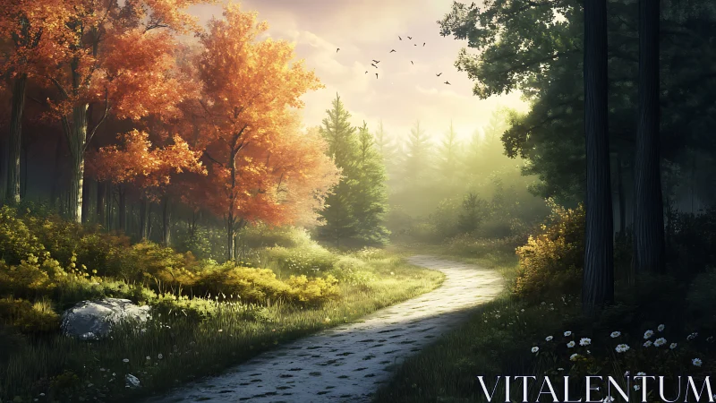 Forest Stream Path Rendered with Seasonal Transition Lighting