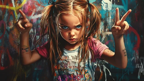 Defiant graffiti kid with fierce stare and neon splatter backdrop.