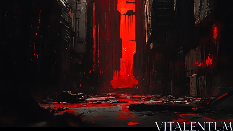 Narrow urban corridor shows red-illuminated structural decay