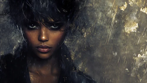 Moody digital portrait of woman with intense gaze in rain.