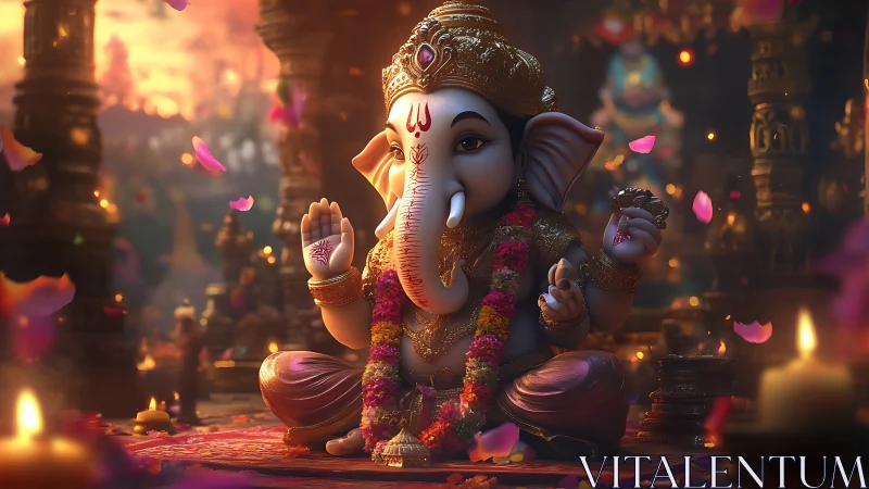 Ganesh idol sits in ornate temple with glowing candlelight