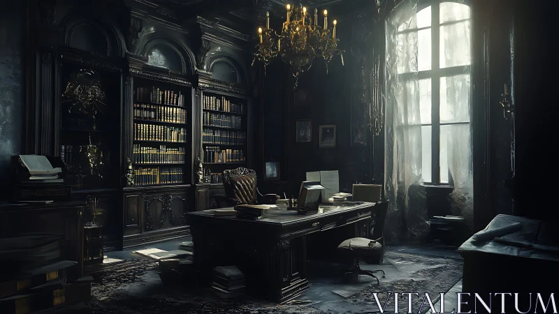 Gloomy antique library office glows under a fading chandelier