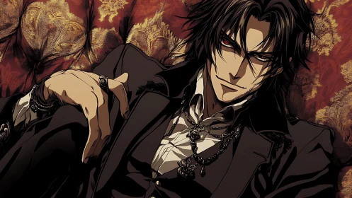 Velvet-eyed vampire lounging in richly patterned shadows.