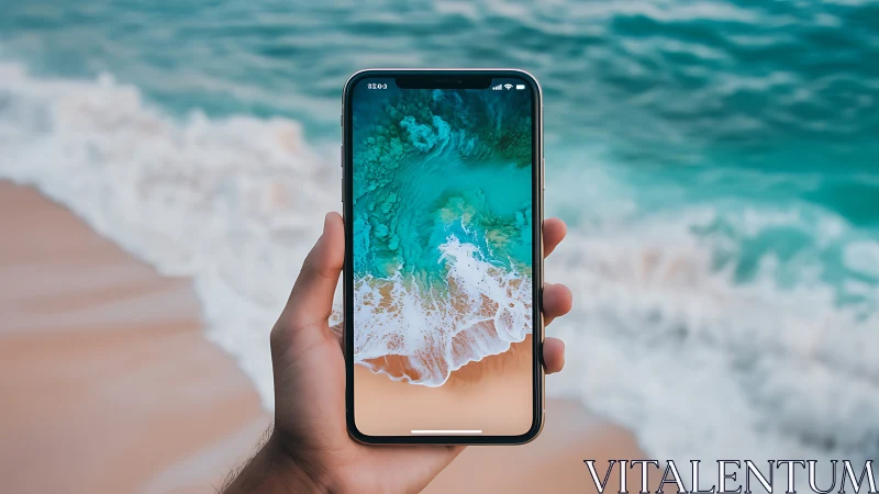 Hand holds coastal paradise: turquoise waves meet sandy shore.