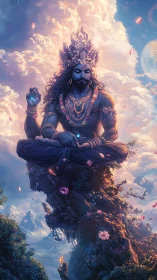 Majestic blue deity meditating above floating mountain peak.