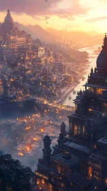 Sunlit fantasy cityscape with terraced riverside temples.