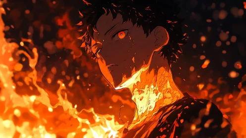 Male anime figure surrounded by intense orange flames.