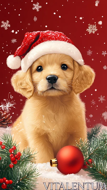 Golden puppy wearing Santa hat sits amid seasonal decor