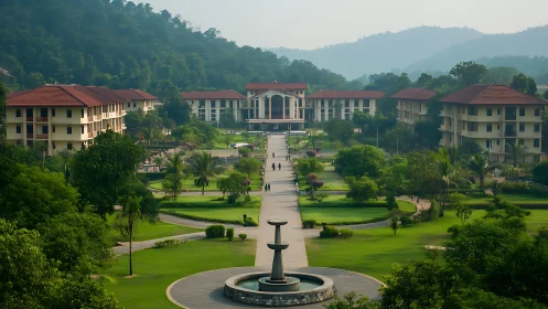 Symmetrical academic campus courtyard with axial landscape planning