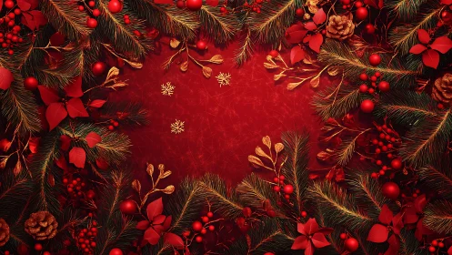 Red Christmas wreath border frames festive blank center.