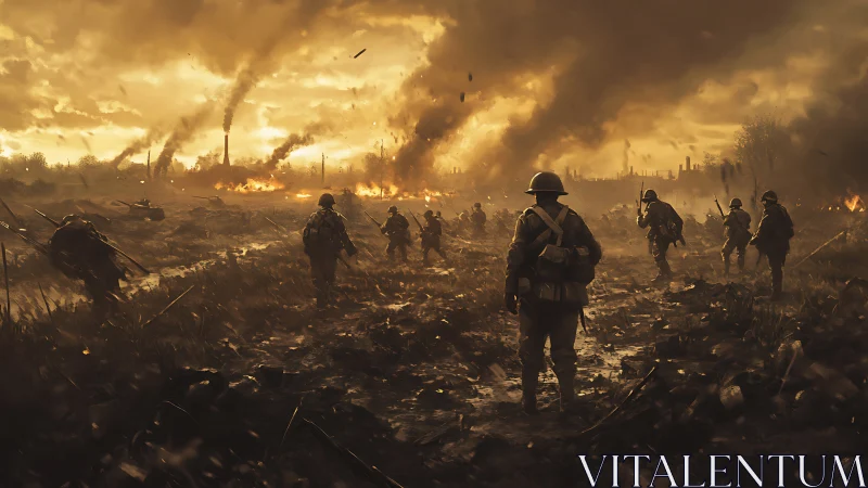Soldiers advance through burning battlefield under dark sky.
