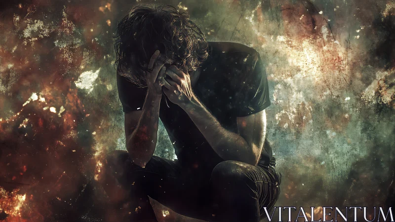 Photorealistic study of despair within burned texture field.