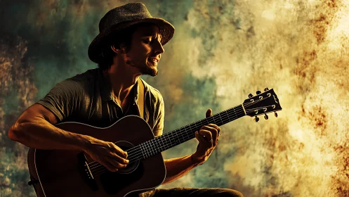 Male guitarist seated with acoustic guitar in warm lighting.